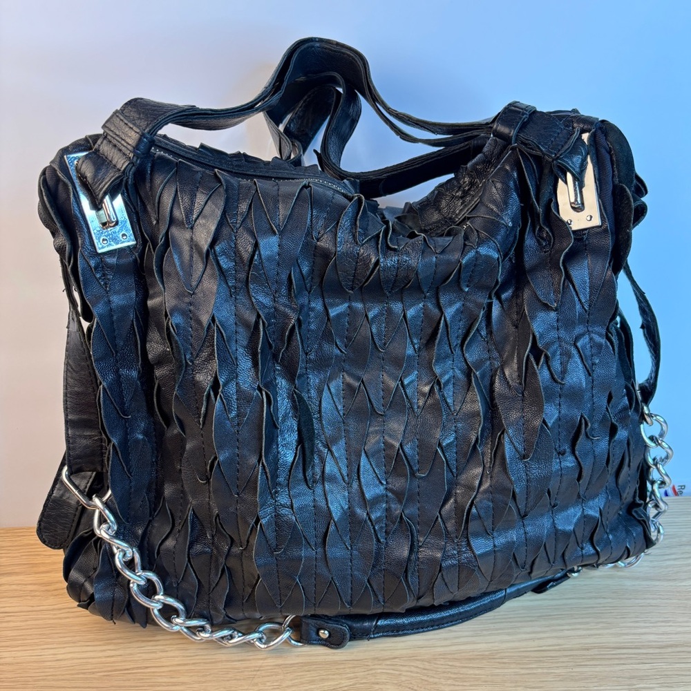 Unbranded Black Soft Leather Tote Bag with Chain Strap & Carry Straps
